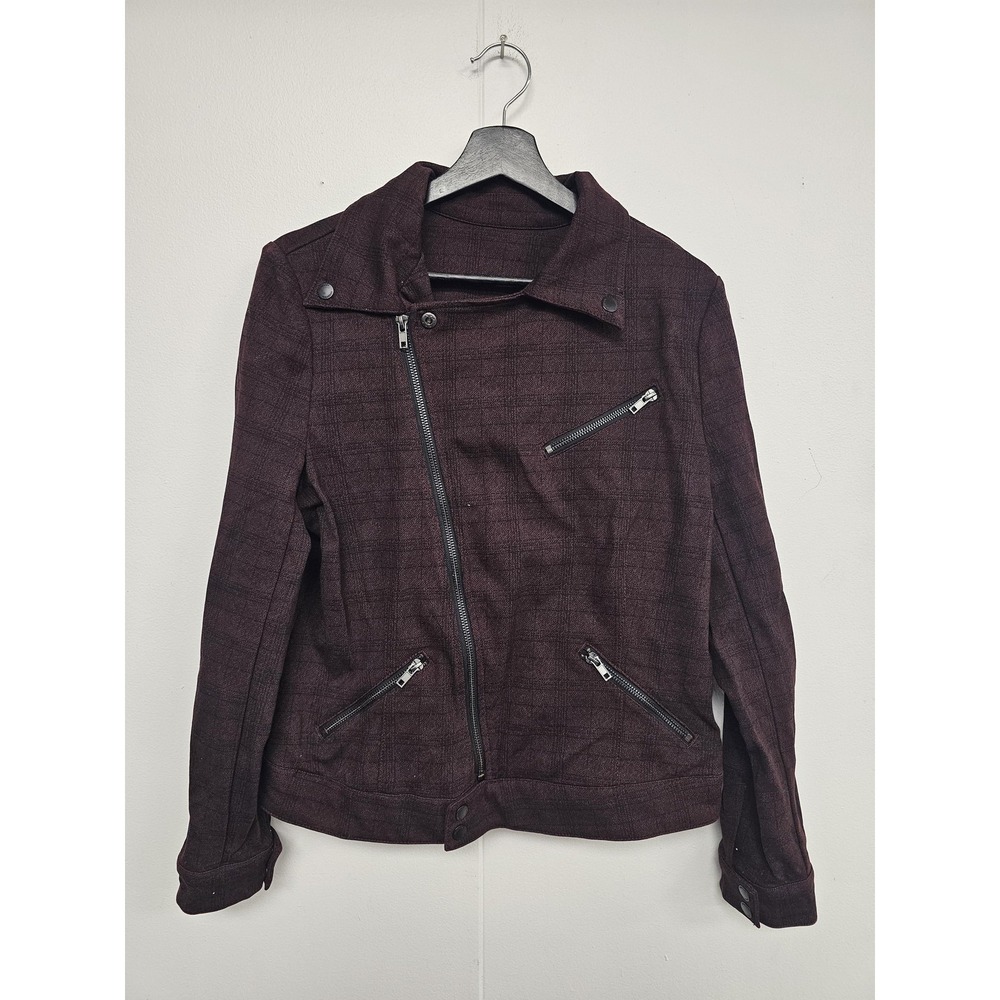 Liverpool Jacket Womens Large Burgundy Plaid Petite Syrah Moto‎ Asymmetrical Zip
